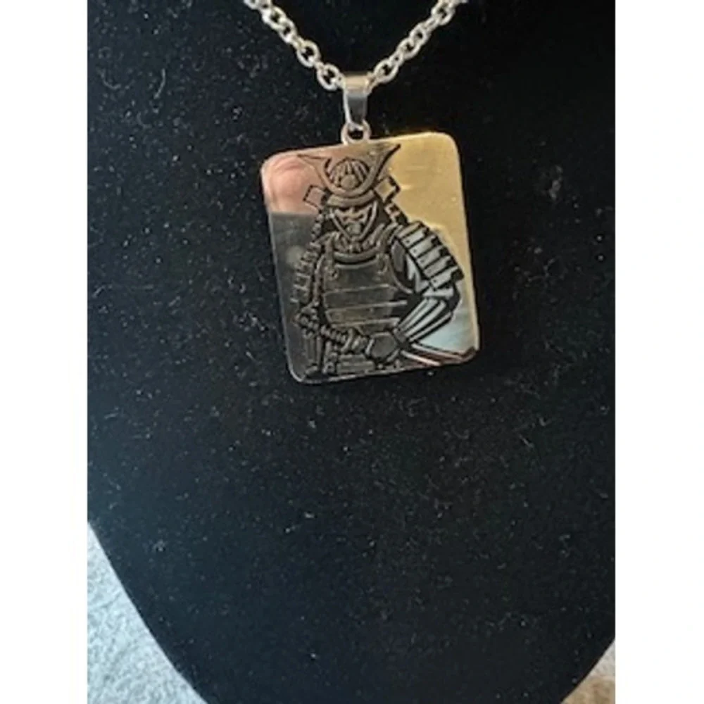 Samurai Warrior Engraved Dog Tag Pendant Necklace Silver Tone 24 Inch Chain